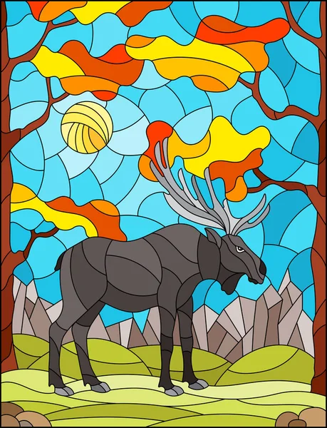 Illustration in stained glass style with wild moose on the background of autumn trees, mountains and sky — Stock Vector