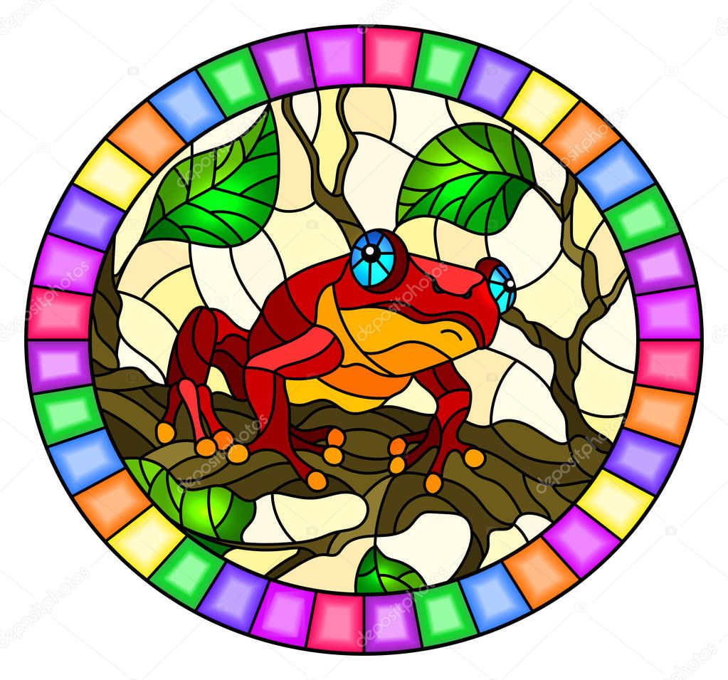 Illustration in stained glass style with bright red frog on plant branches background with leaves  on yellow background, round image in bright frame