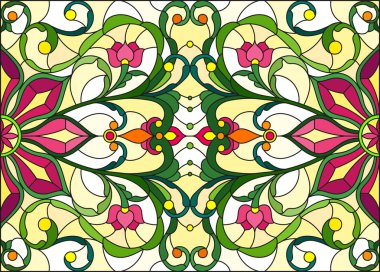 Soyut girdapları, çiçekleri ve yaprakları sarı arka planda, yatay yönelimli, boyalı cam tarzında resimleme