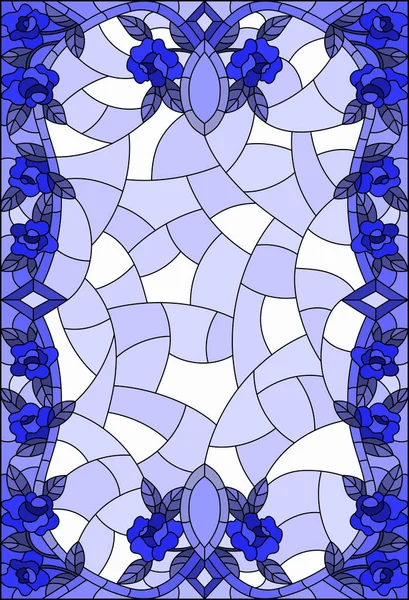 Ilustración en estilo vitral con un marco de rosas y hojas entrelazadas, tono azul — Vector de stock