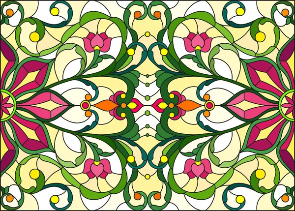 Illustratie in glas-in-lood stijl met abstracte wervelingen, bloemen en bladeren op een gele achtergrond, horizontale oriëntatie — Stockvector