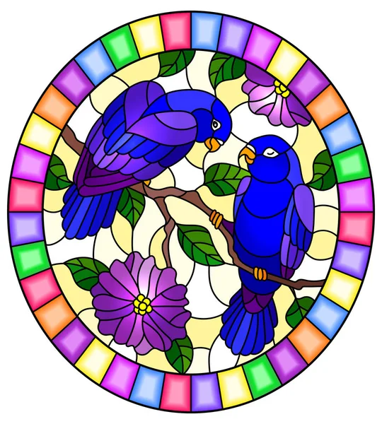 Иллюстрация в витражном стиле с парой голубых птиц попугаев на ветке дерева с фиолетовыми цветами, овальное изображение в яркой рамке — стоковый вектор