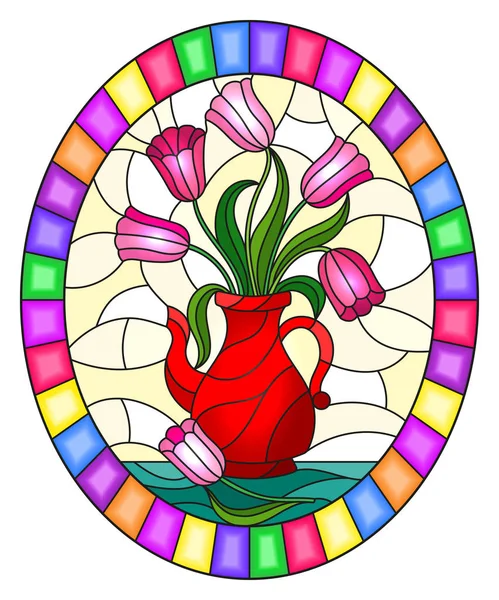 Ilustración en estilo vitral con bodegón, jarra roja con tulipanes rosados, marco oval en brillante — Vector de stock