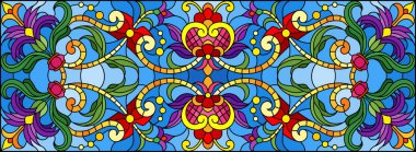 Mavi arka planda soyut girdaplar, çiçekler ve yapraklar ile boyalı cam tarzında resim, yatay yönelim