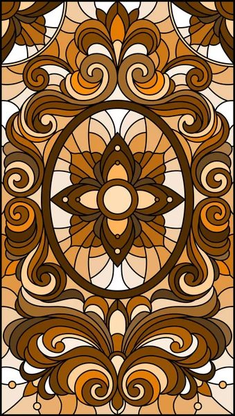 Ilustración en estilo vitral con remolinos abstractos y hojas sobre fondo claro, orientación vertical, sepia — Vector de stock