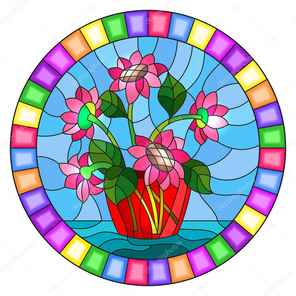Illustration in stained glass style with still life, bouquet of pink flowers in a glass red  jar on a blue background, oval image in bright frame