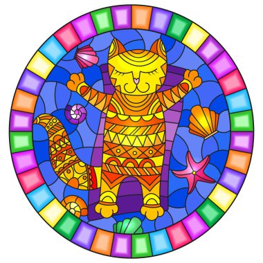 Dalgalar ve kabukları ortasında şişme bir yatak üzerinde komik bir kırmızı kedi güneşlenme ile vitray tarzı İllüstrasyon, parlak çerçeve oval görüntü
