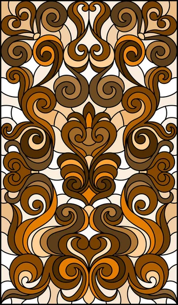 Иллюстрация в витражном стиле с абстрактными завихрениями и листьями на светлом фоне, вертикальная ориентация, сепия — стоковый вектор
