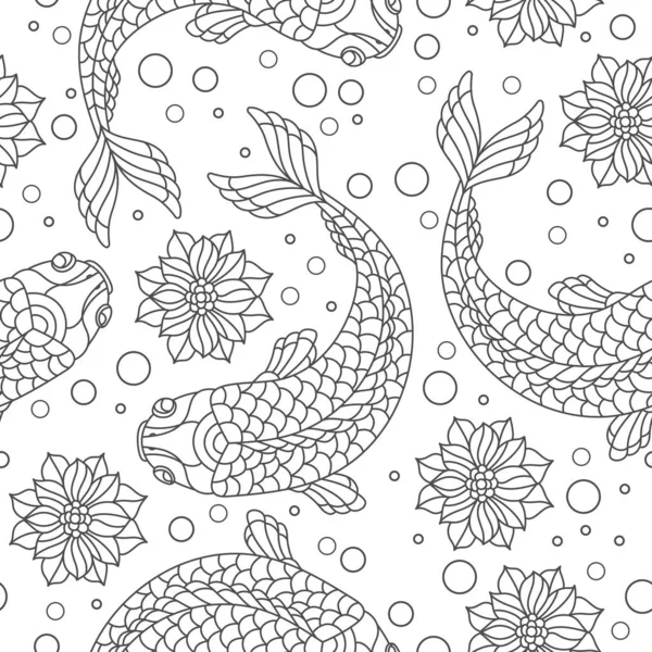 Seamless pattern with contour fish, Lotus flowers and bubbles, dark contours on white  background — Stock Vector