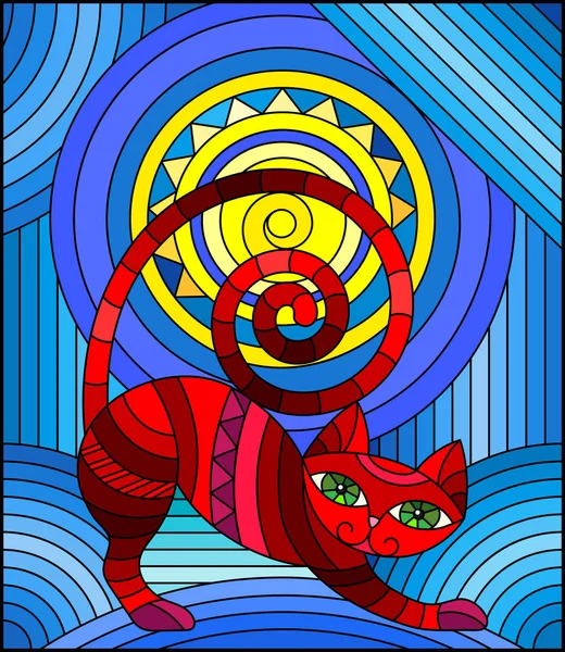 Ilustración en estilo vitral con gato geométrico rojo abstracto sobre fondo azul con sol — Vector de stock