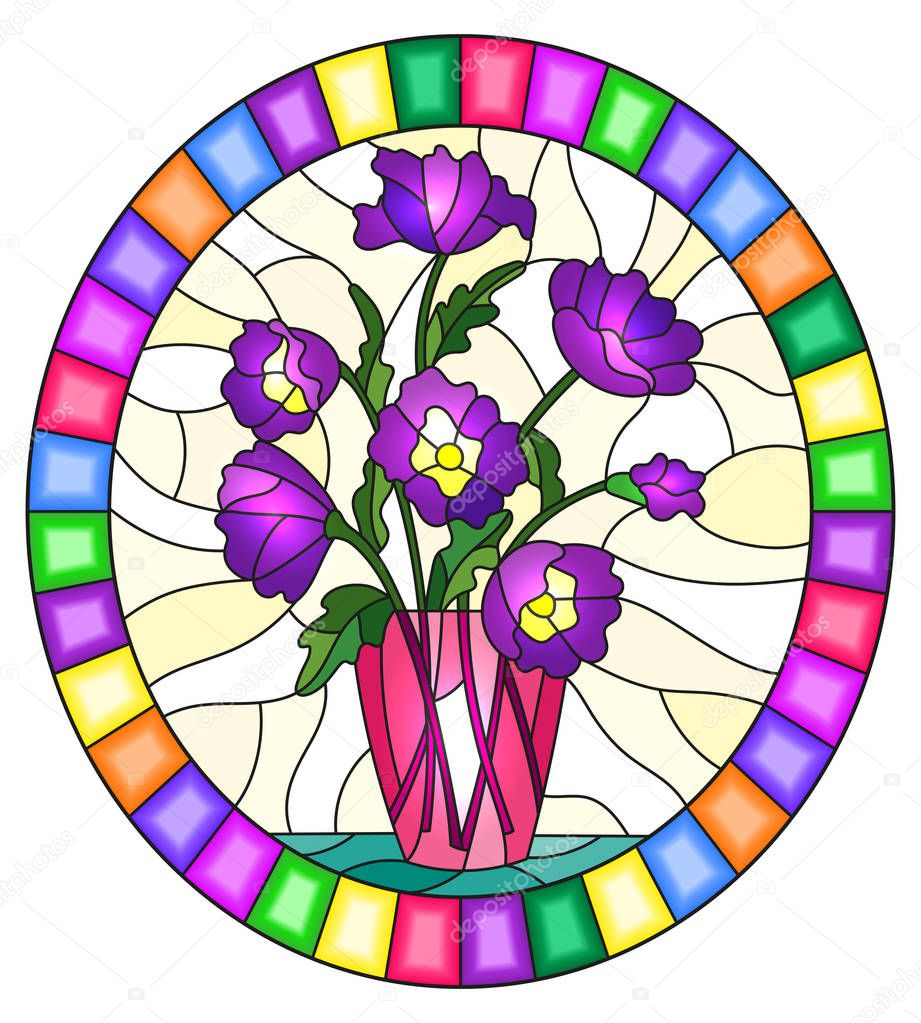 Illustration in stained glass style with bouquets of purple  flowers in a pink  vase on table on a yellow background, round image in bright frame