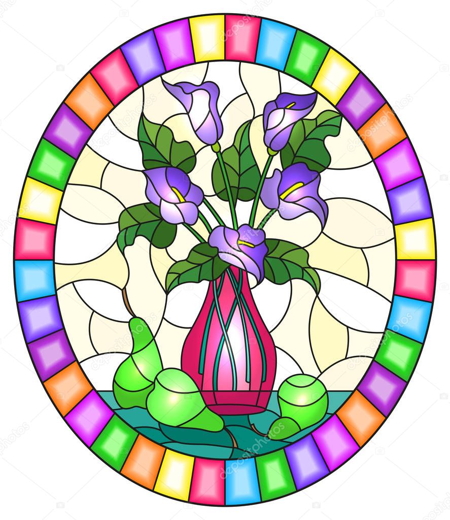 Illustration in stained glass style with bouquets of Calla lilies flowers in a pink vase and pears on table on yellow background,oval image in bright frame