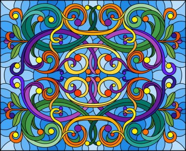 Mavi arka planda soyut girdaplar, çiçekler ve yapraklar ile boyalı cam tarzında resim, yatay yönelim