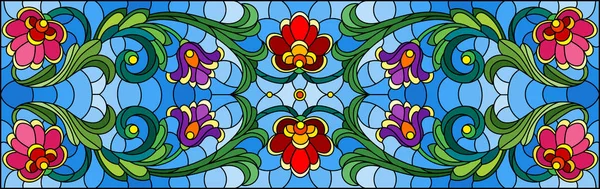 Mavi arka planda soyut girdaplar, çiçekler ve yapraklar ile boyalı cam tarzında resim, yatay yönelim