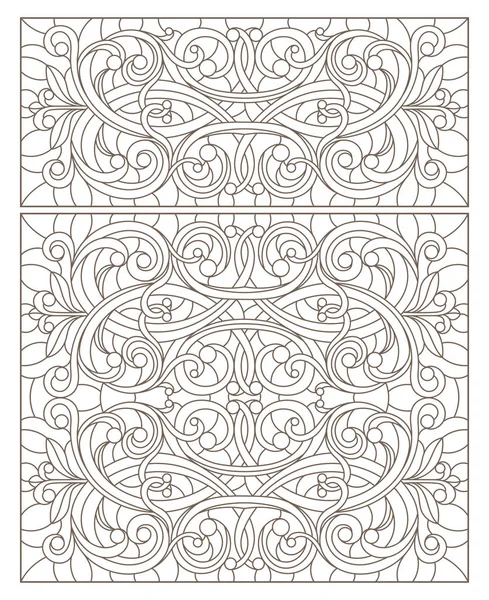 Série d'illustrations de contour de vitraux avec tourbillons abstraits et fleurs, orientation horizontale — Image vectorielle