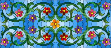 Mavi arka planda soyut girdaplar, çiçekler ve yapraklar ile boyalı cam tarzında resim, yatay yönelim