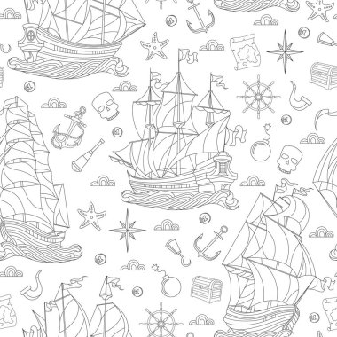 Deniz seyahati, yelkenli ve gemi mücadelesi temasında dikişsiz desen, beyaz arka planda koyu kontur