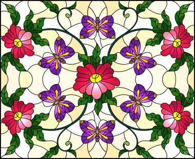 Soyut kıvırcık pembe çiçek ve sarı arka plan üzerinde kırmızı bir kelebek ile vitray tarzı İllüstrasyon 