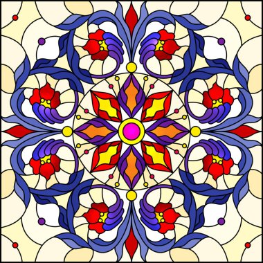Vitray stil, çiçek süs eşyaları ve swirls ile kare ayna görüntüsü, sarı zemin üzerine kırmızı ve mor desen illüstrasyon