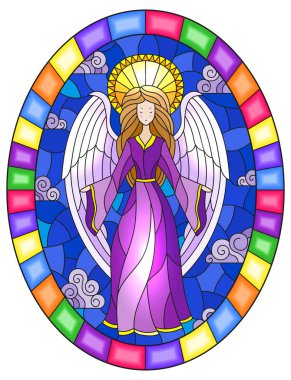 Gökyüzü ve bulutların arka planda mor elbiseli kız melek ile vitray tarzı İllüstrasyon, parlak çerçeve de oval görüntü 