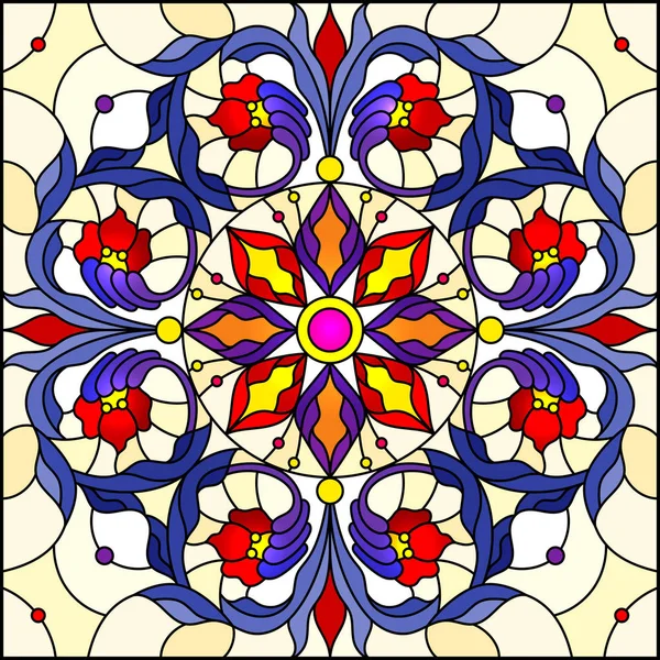 Illustration dans le style vitrail, image miroir carré avec ornements floraux et tourbillons, motifs rouges et violets sur fond jaune — Image vectorielle