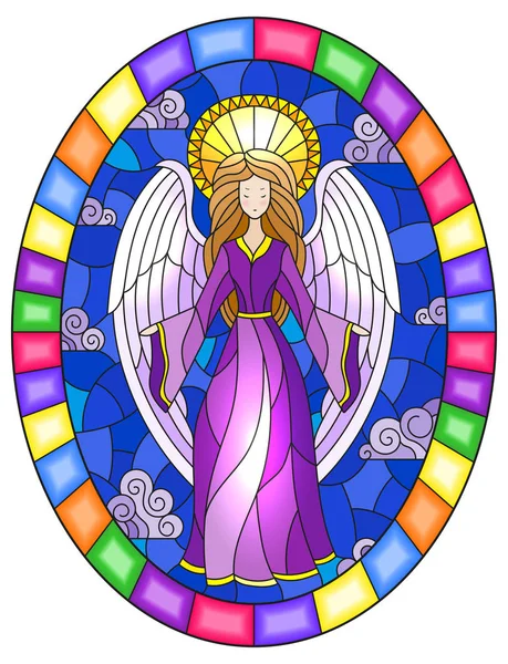 Ilustración en estilo vitral con chica ángel en vestido morado sobre fondo de cielo y nubes, imagen ovalada en marco brillante — Vector de stock