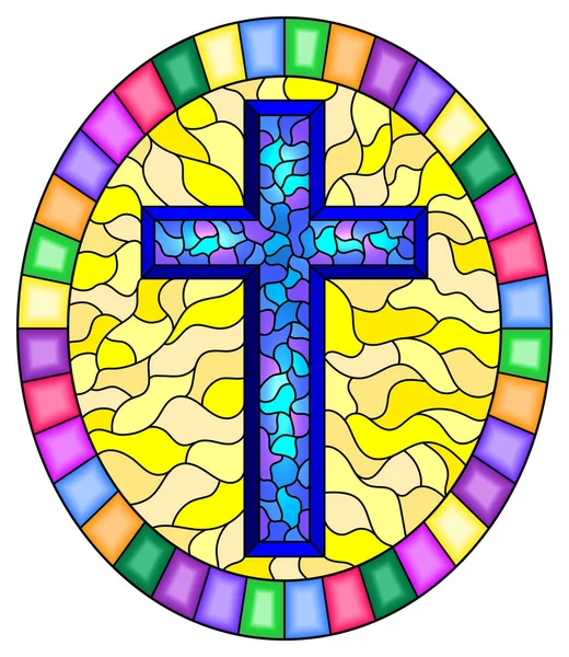 Illustration in stained glass style with a blue cross on an abstract yellow background, oval picture frame in bright — Stock Vector