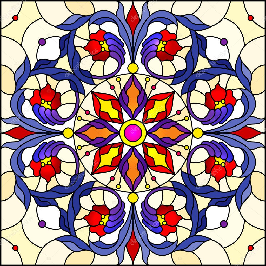 Illustration in stained glass style, square mirror image with floral ornaments and swirls,red and purple patterns on yellow background