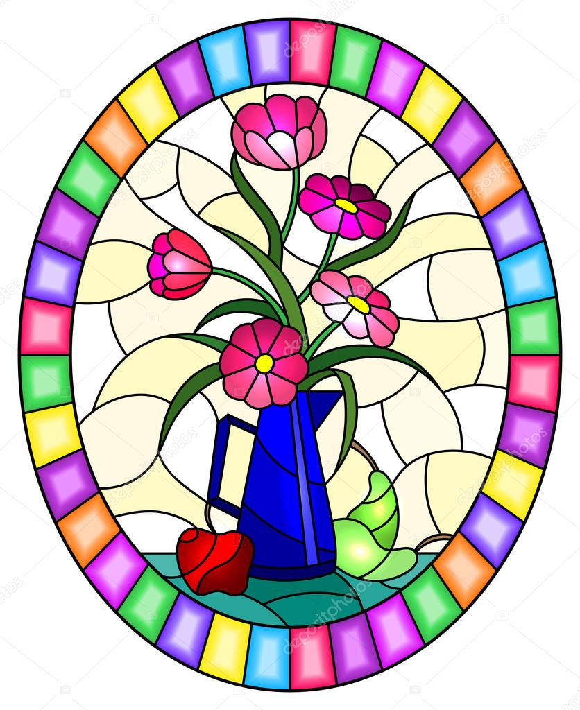 Illustration in stained glass style with bouquets of pink flowers in a blue jug, pears and apples on table on yellow background, oval image in bright frame