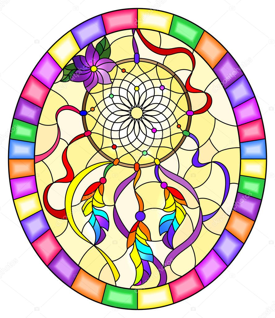Illustration in stained glass style with dream catcher  on yellow background, oval image in bright frame