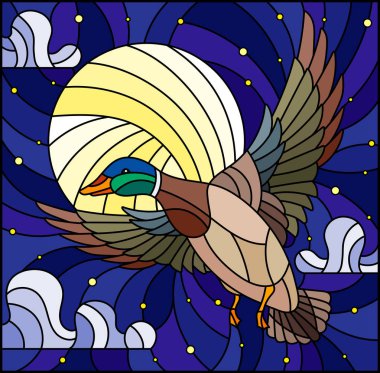 Yıldızlı gökyüzü, ay ve bulutlar arka planda uçan bir ördek ile vitray tarzı boyama resimde