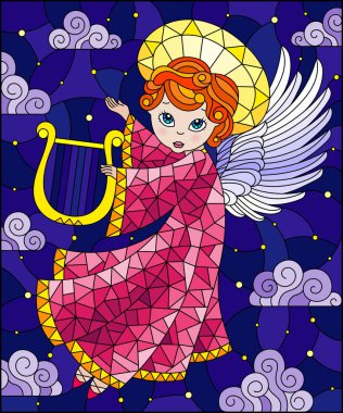 Bulutlu gökyüzü ve yıldızlar karşı ARP oynarken pembe Robe karikatür melek ile vitray tarzında Illustration