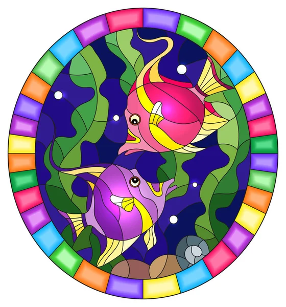 Ilustración en estilo vitral con un par de peces brillantes en el fondo de agua y algas, imagen oval en un marco brillante — Vector de stock