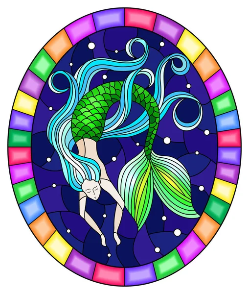 Ilustración en estilo vidriera con sirena con pelo largo sobre fondo agua y burbujas de aire, imagen ovalada en marco brillante — Vector de stock