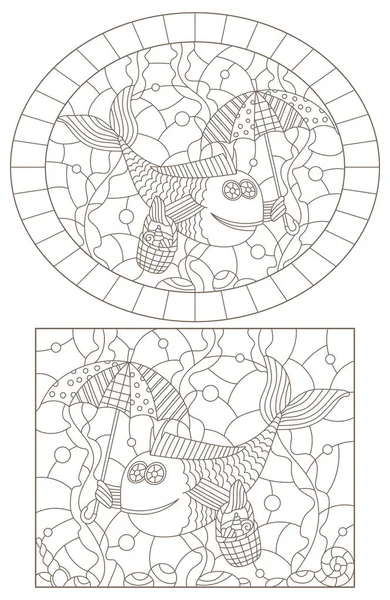 Uppsättning av kontur illustrationer av blyinfattade fönster med roliga fiskar, mörka konturer på en vit bakgrund — Stock vektor
