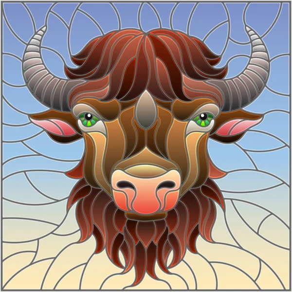 Ilustración en estilo vidriera con cabeza de bisonte sobre fondo celeste — Archivo Imágenes Vectoriales