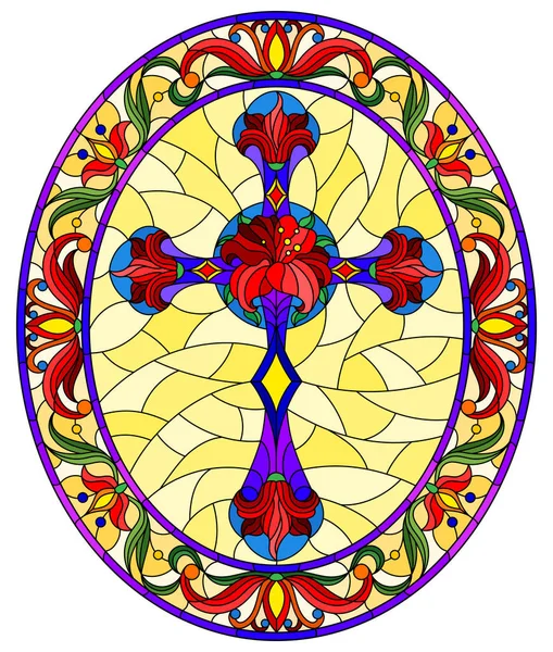 Illustration i målat glas stil med Christian Cross dekorerad med röda blommor på gul bakgrund, oval bild i blommig ram — Stock vektor