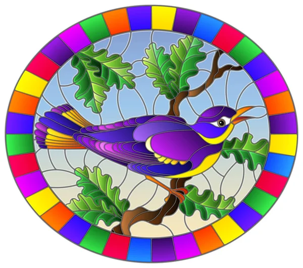 Ilustración en el estilo de vidrieras con un hermoso pájaro púrpura brillante sobre un fondo de rama de árbol y cielo, imagen oval en marco brillante — Vector de stock