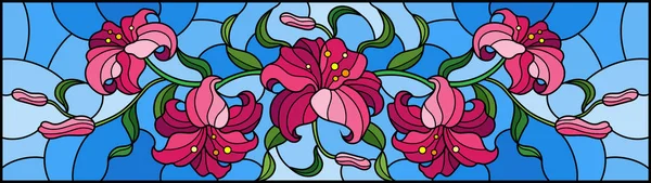 Ilustración en estilo vitral con flores, hojas y brotes de lirios rosados sobre fondo azul — Vector de stock