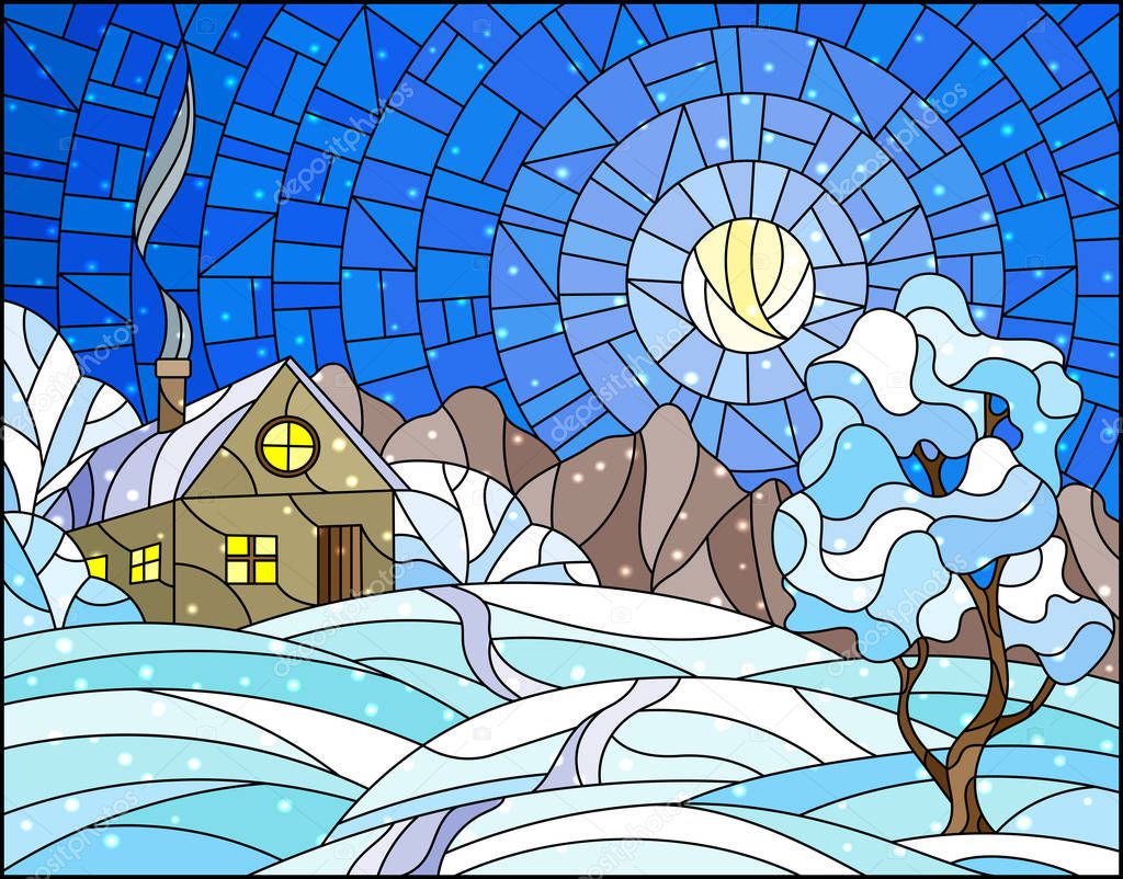 Illustration in stained glass style landscape with a lonely house amid snow,sun and sky