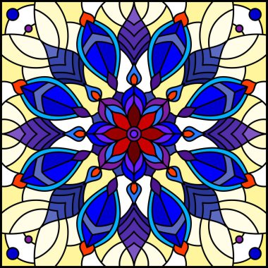 Vitray stil, çiçek süs eşyaları ve swirls ile kare ayna görüntüsü, sarı zemin üzerine kırmızı ve mor desen illüstrasyon