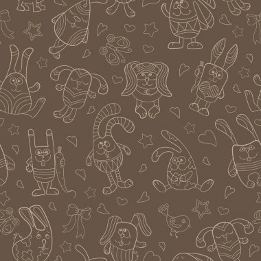 Karikatür tavşan kontur görüntüleri ile Dikişsiz desen, kahverengi bir arka planda bej anahat
