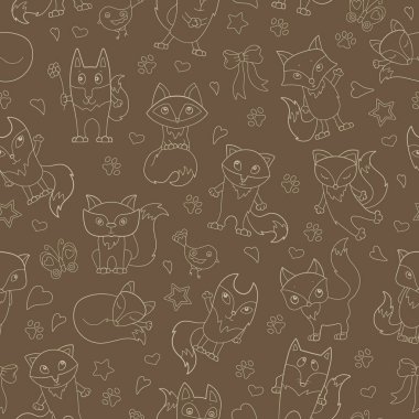 Komik karikatür tilki ile Dikişsiz desen, kahverengi bir arka planda bej anahat