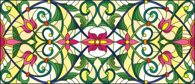 Soyut girdapları, çiçekleri ve yaprakları sarı arka planda, yatay yönelimli, boyalı cam tarzında resimleme