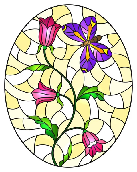 Illustration en vitrail avec des fleurs rose bouclé abstraites et un papillon violet sur fond jaune, image ovale — Image vectorielle