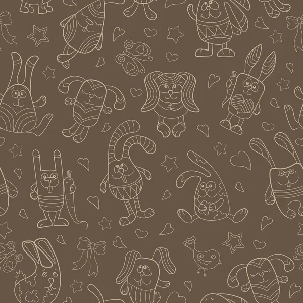 Bezszwowy wzór z konturowymi obrazkami królików rysunkowych, beżowy kontur na brązowym tle — Wektor stockowy