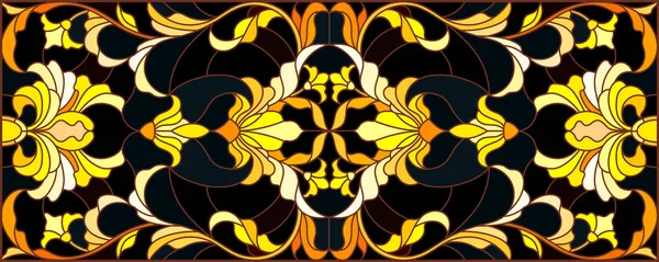 Illustration in stained glass style with floral ornament ,imitation gold on dark background with swirls and floral motifs — Stock Vector