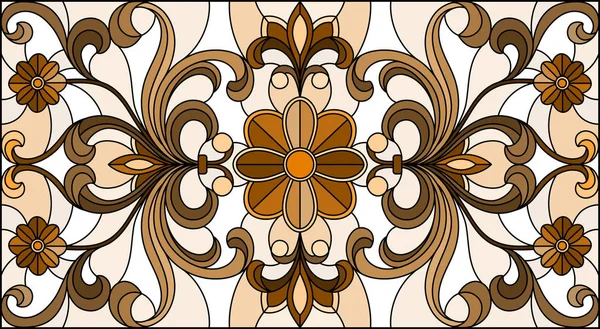 Illustration im Glasmalereistil mit abstrakten Blumen, Wirbeln und Blättern auf hellem Hintergrund, horizontale Ausrichtung, Sepia — Stockvektor