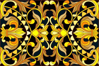 Çiçek süsleme stiliyle vitray, imitasyon altın swirls ve bitkisel motifler ile koyu arka plan üzerinde resimde