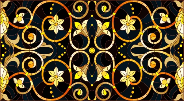 Illustrazione in stile vetrate con ornamento floreale, oro imitazione su sfondo scuro con turbinii e motivi floreali — Vettoriale Stock